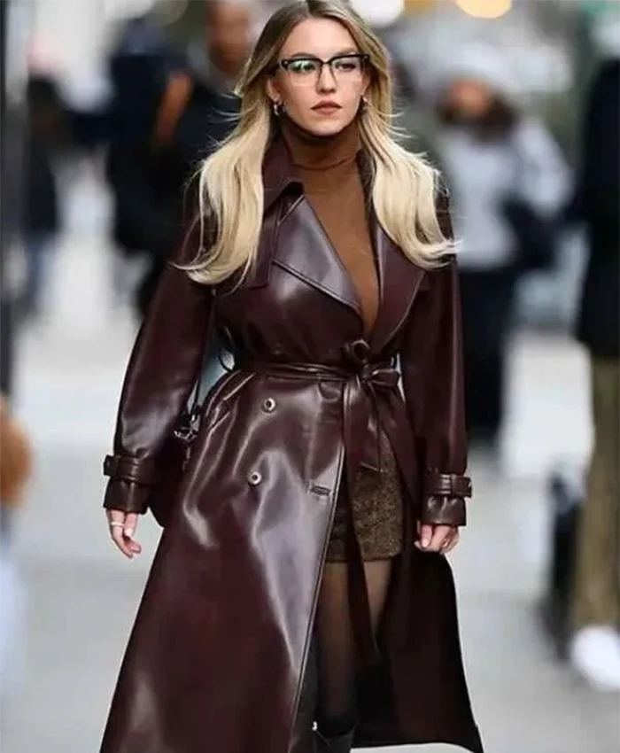 Sydney Sweeney Maroon Leather Trench Coat