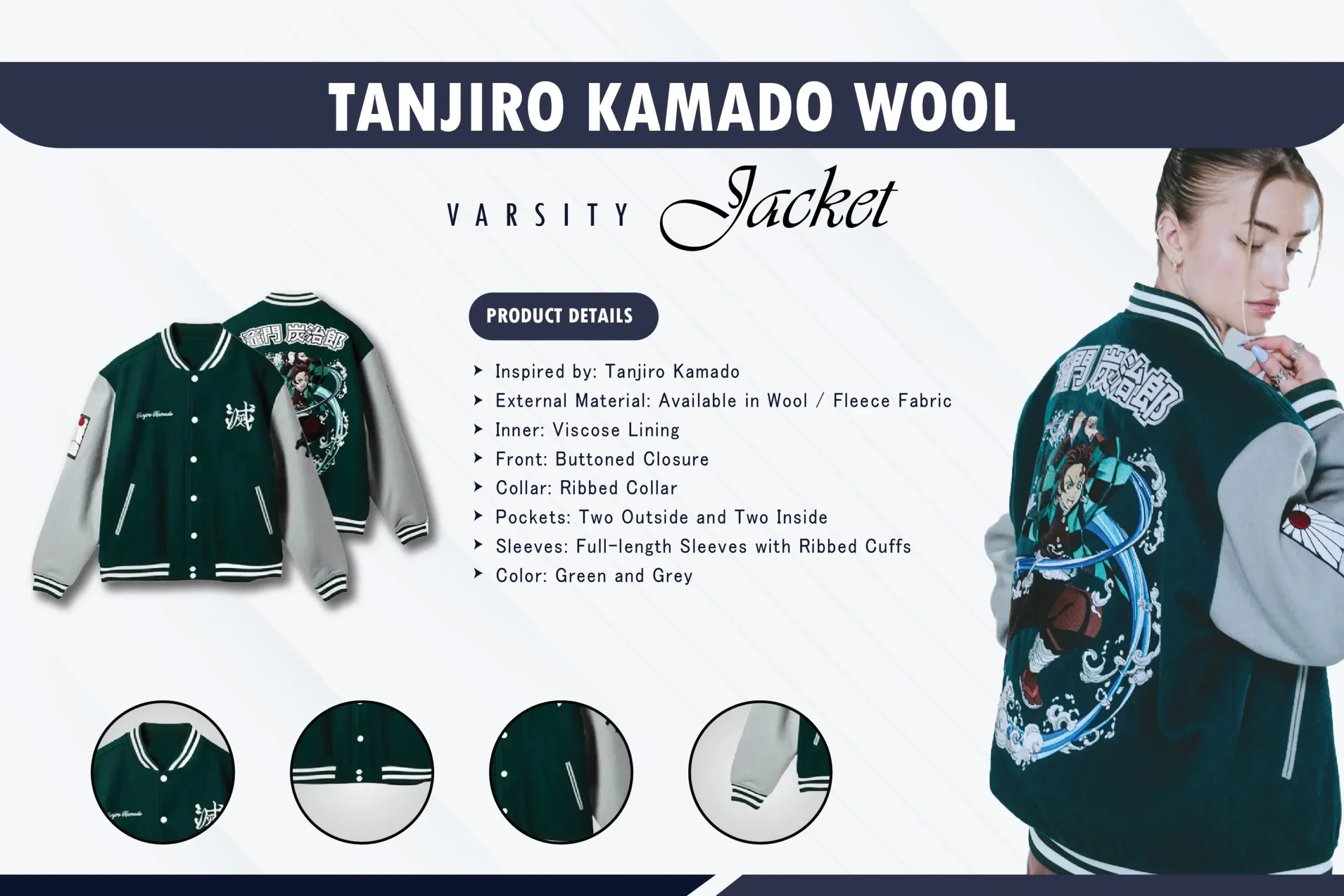 Tanjiro Kamado Green and Grey Wool Varsity Jacket