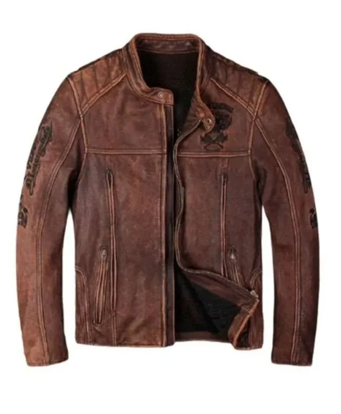 Vintage Brown Motorcycle Skull Brown Leather Jacket For Sale