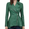 Women Biker Style Green Leather Peplum Jacket