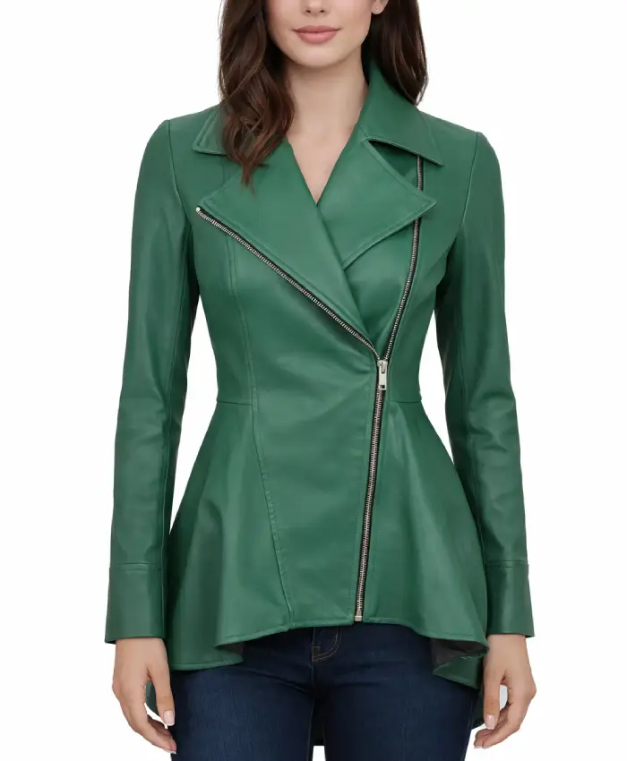 Women Biker Style Green Leather Peplum Jacket