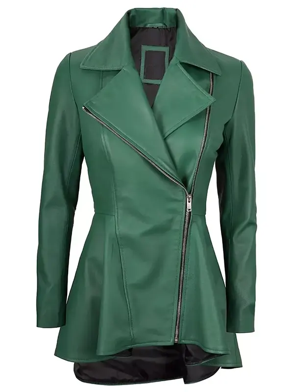 Women Biker Style Green Leather Peplum Jacket
