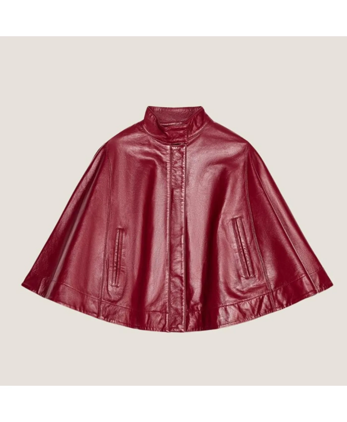 Women Red Genuine Leather Christmas Cape