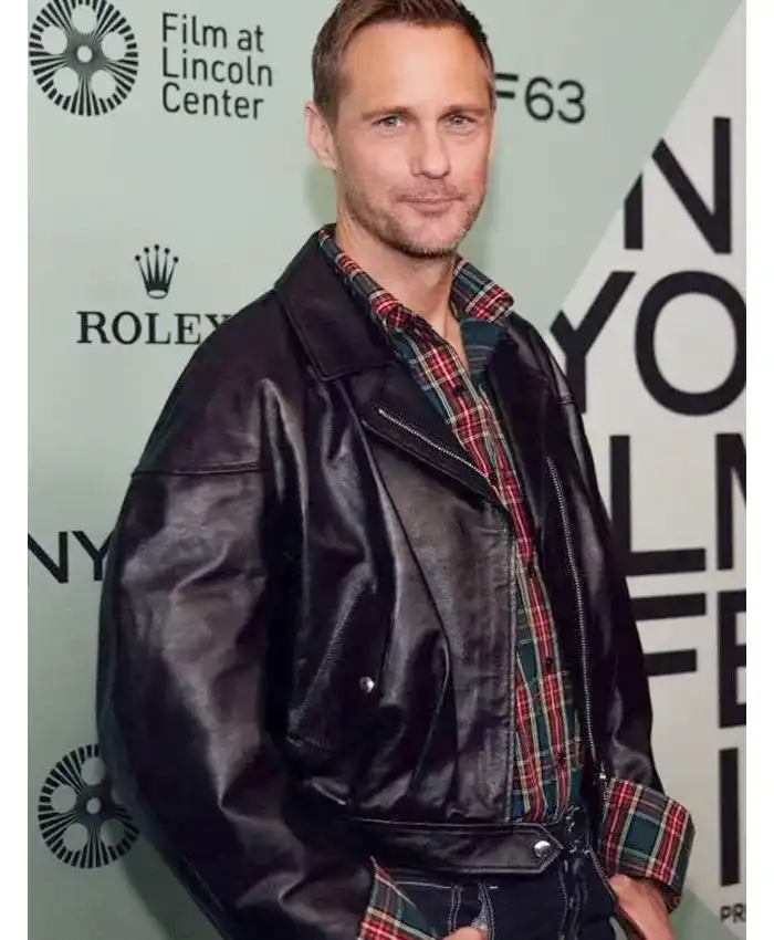 Alexander Skarsgård Pillion Movie 2025 Red Carpet Ray Black Leather Jacket