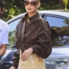 Bella Hadid Brown Distressed Leather Jacket