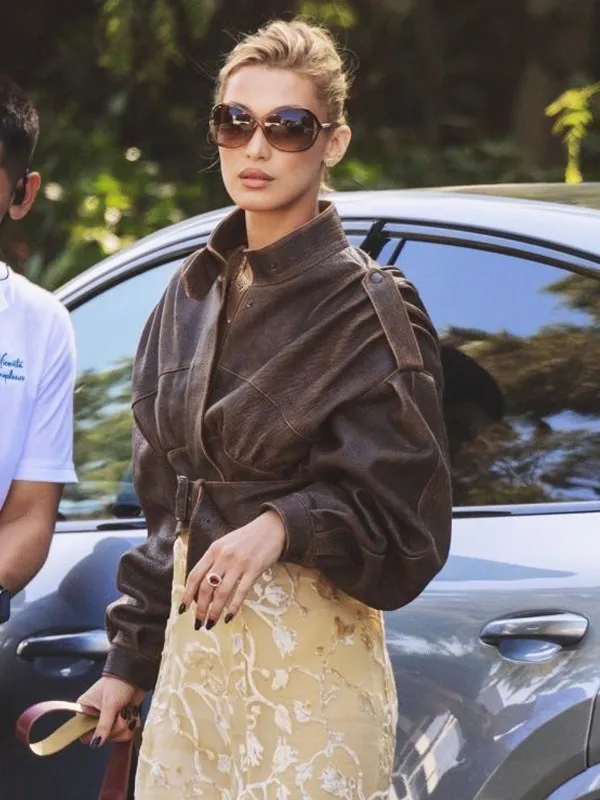 Bella Hadid Brown Distressed Leather Jacket