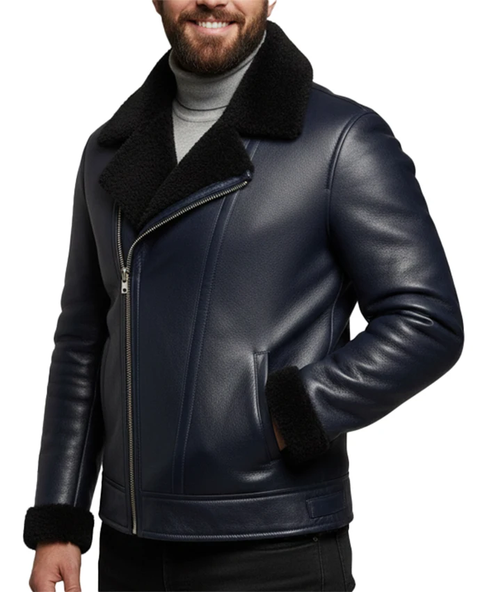 Black Shearling Asymmetrical Zip-up Leather Jacket