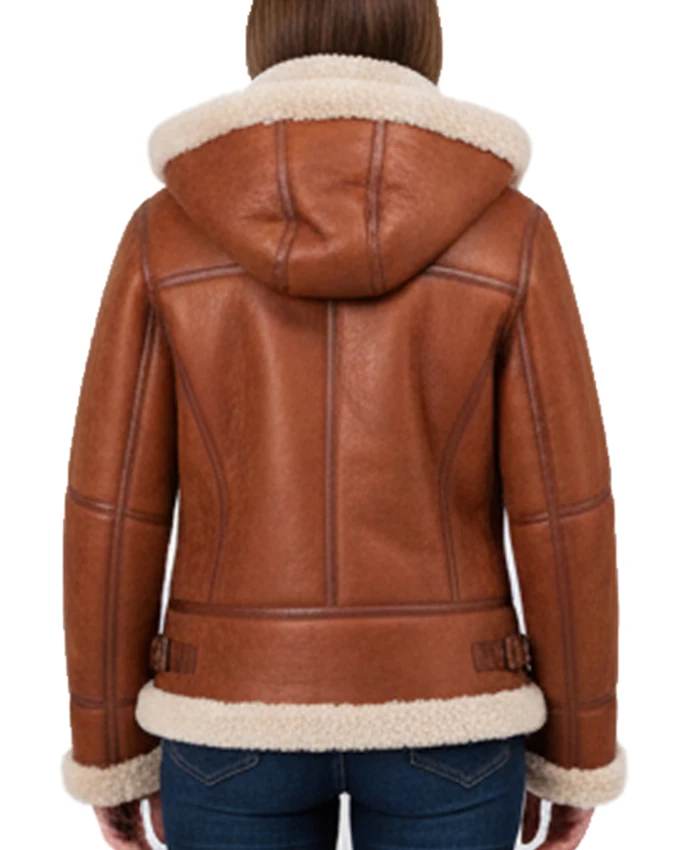 Brown Shearling Leather Hooded Jacket For Sale