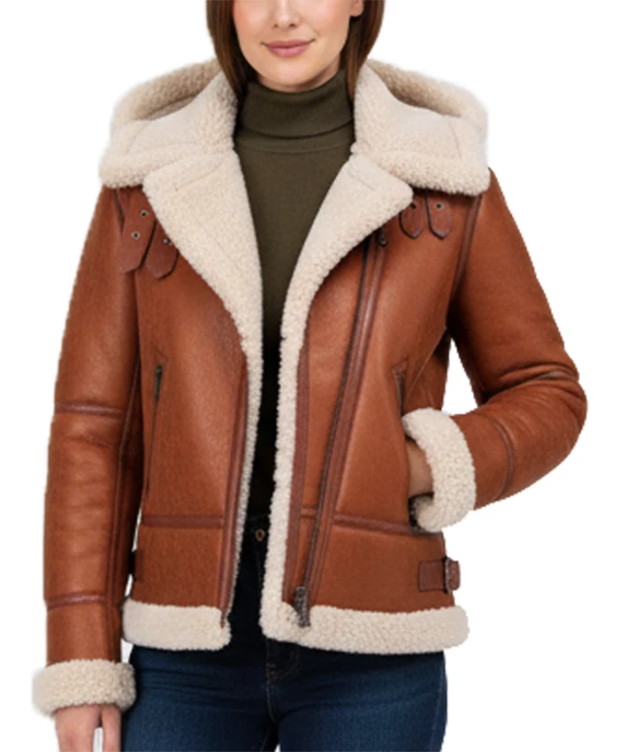 Brown Shearling Leather Hooded Jacket