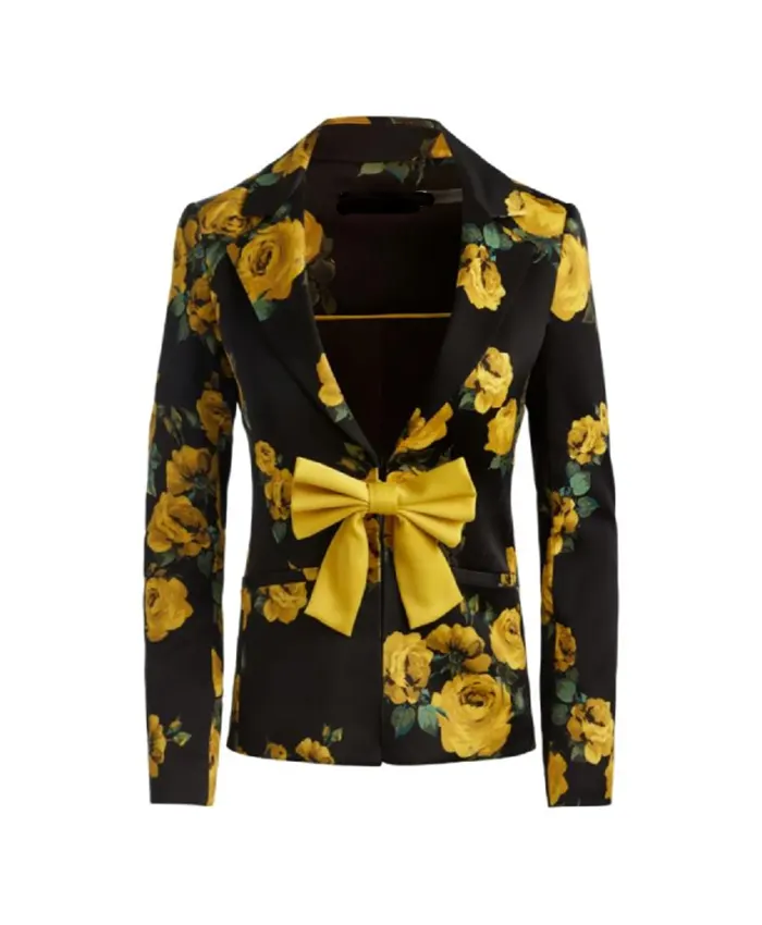 Carrie Preston Elsbeth S03 Floral Yellow Bow Blazer For Sale