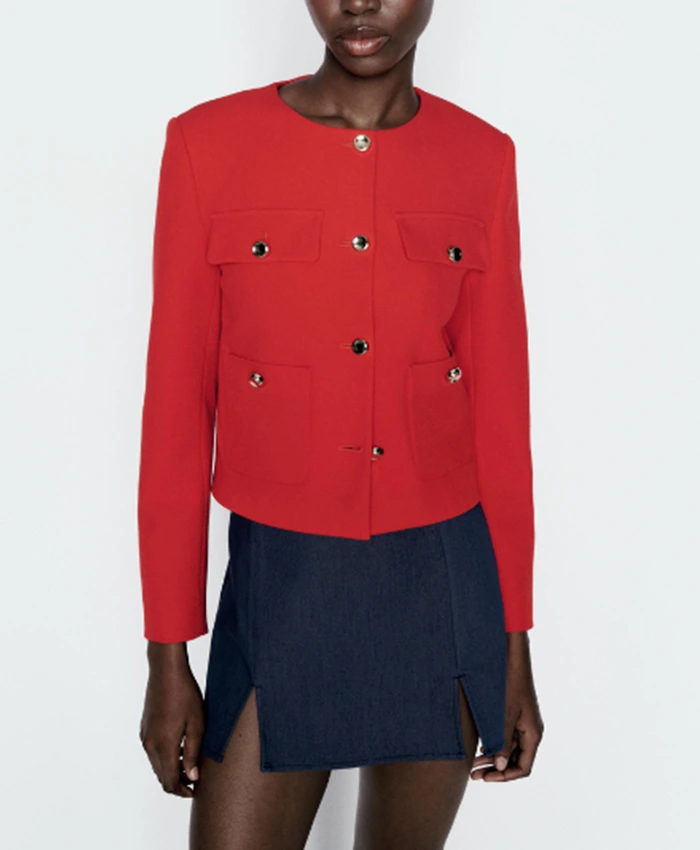 Chloe Tucker Owning Manhattan S02 Red Collarless Jacket For Sale