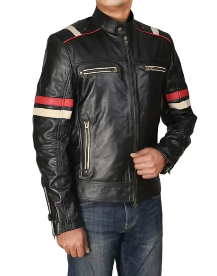 Classic Black Bold Red Stripes Racer Jacket For Sale