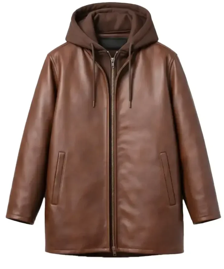 Dark Brown Leather Hooded Jacket