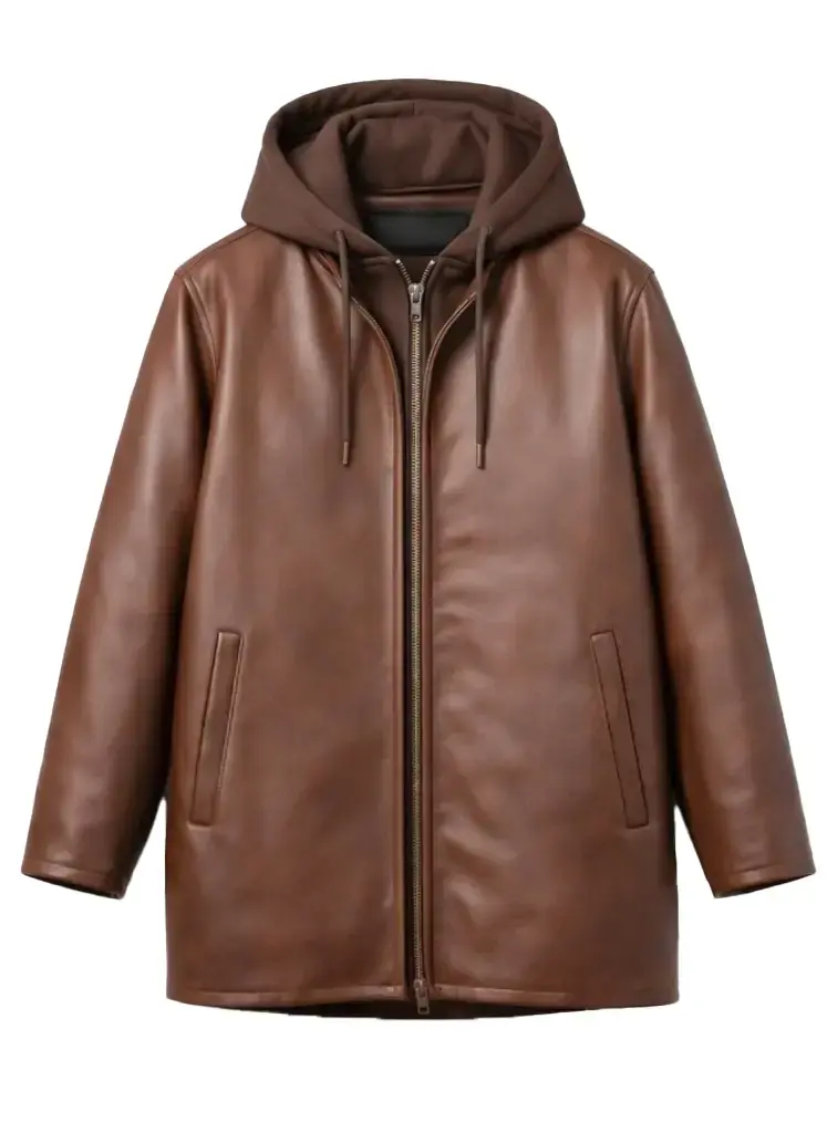 Dark Brown Leather Hooded Jacket