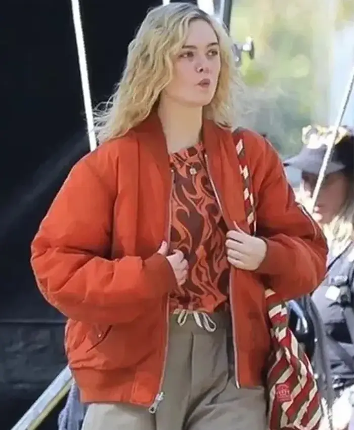 Elle Fanning Margo’s Got Money Troubles Red Bomber Jacket