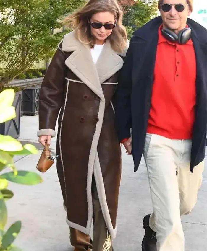 Gigi Hadid NYC 2025 Shearling Brown Leather Coat