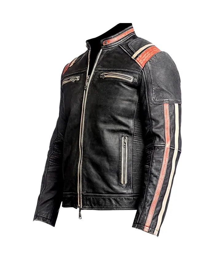 James Men’s Striped Cafe Racer Leather Jacket For Sale