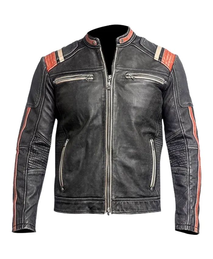 James Men’s Striped Cafe Racer Leather Jacket