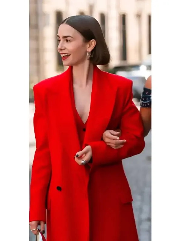 Lily Collins Emily In Paris S05 Red Long Coat