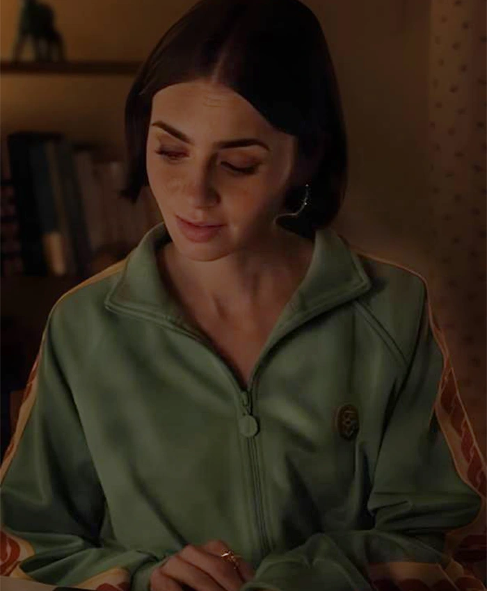 Lily Collins Emily in Paris S05 Green Track Jacket For Sale