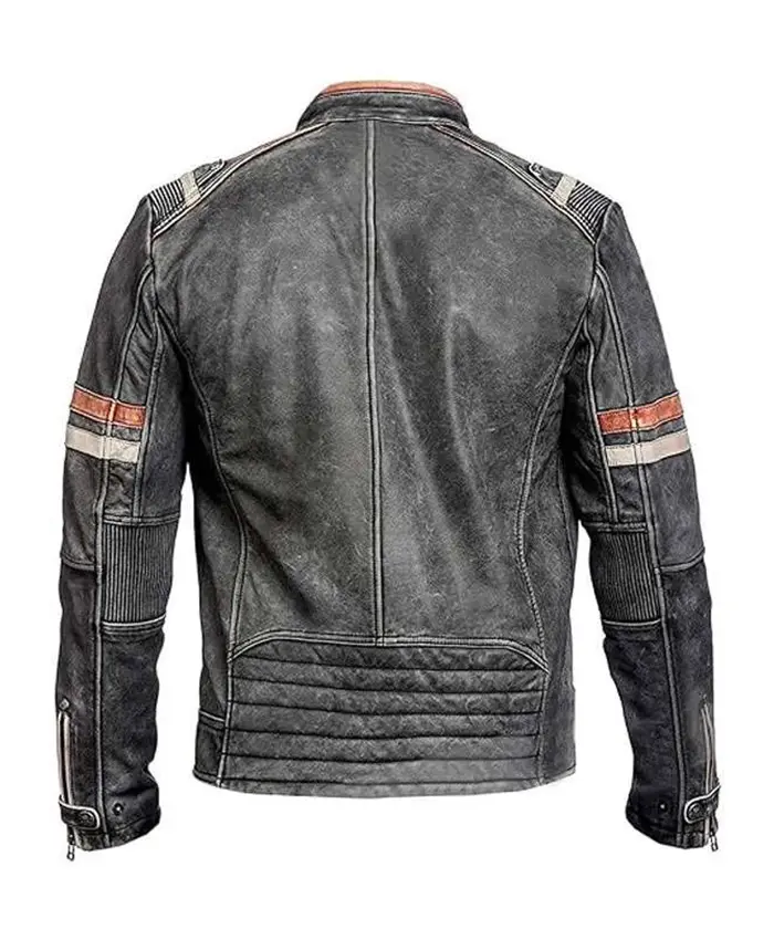 Men Retro Cafe Motorcycle Grey Leather Jacket For Sale