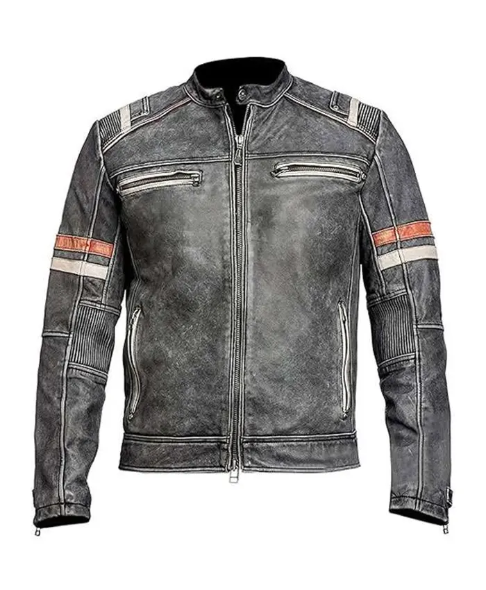 Men Retro Cafe Motorcycle Grey Leather Jacket
