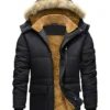 Men Warm Fur Inside Black Puffer Hooded Jacket