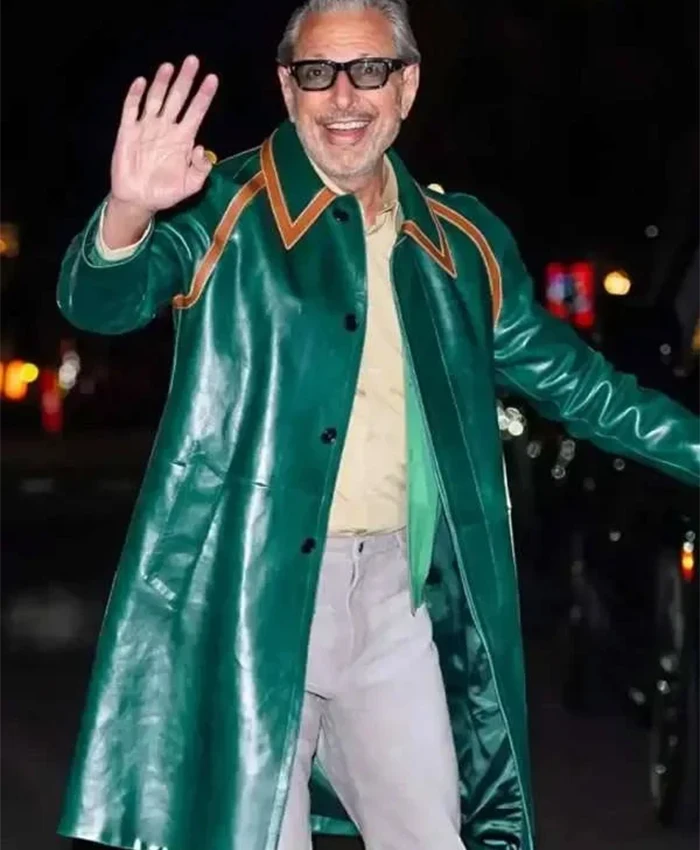 NYC Jeff Goldblum Green Leather Coat For Sale
