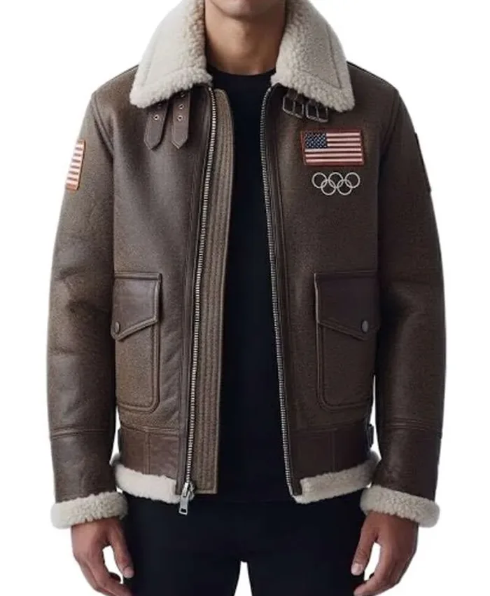 Olympics 2026 Team USA Brown Leather Jacket For Sale