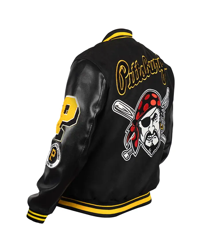 Pittsburgh Pirates Logo Mash Up Black Varsity Jacket Back