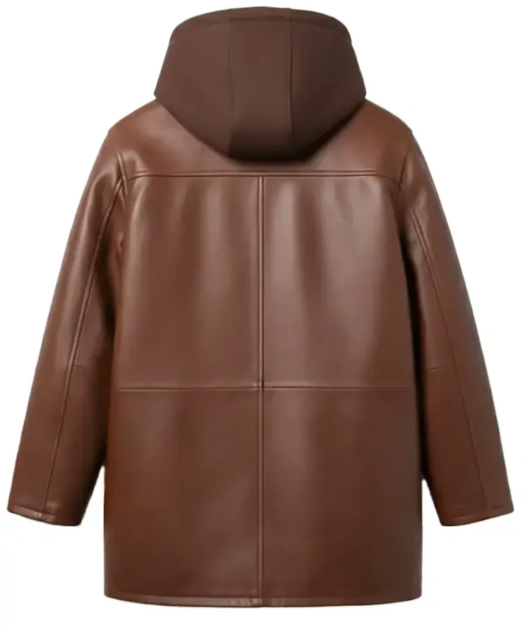 Shop Dark Brown Leather Zip-Up Hooded Jacket For Sale