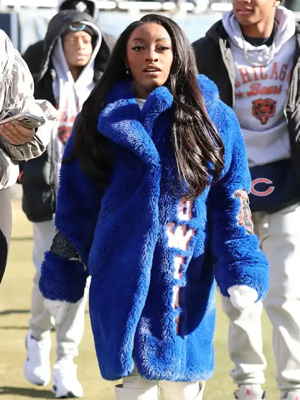 Simone Biles Chicago Bears Blue Furry Coat