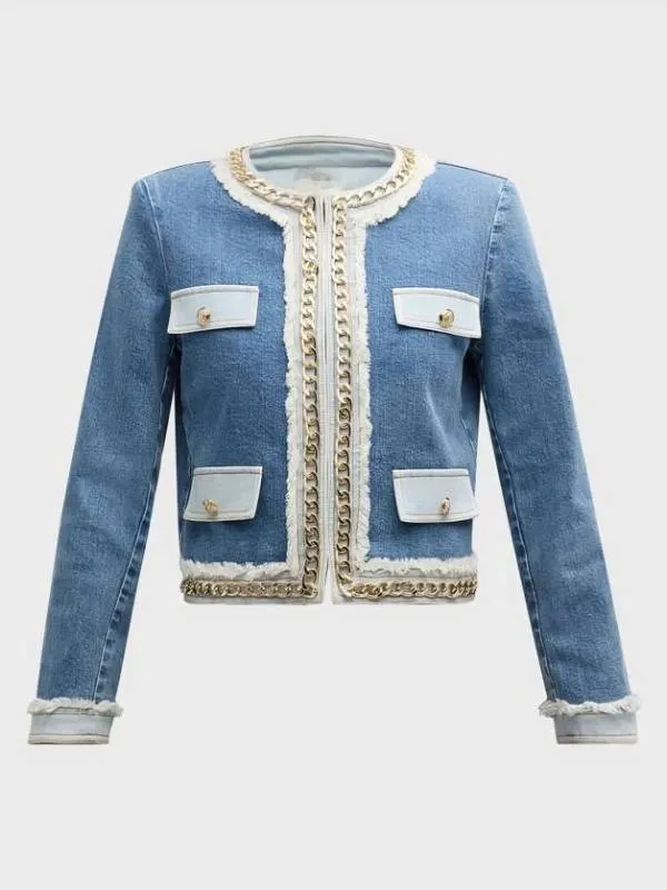 TV Series Owning Manhattan Season 2 Chloe Tucker Caine Embellished Cropped Blue Denim Jacket