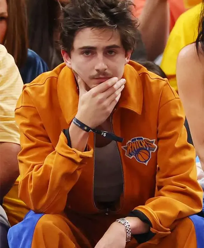 Timothée Chalamet Knicks Game Orange Jacket For Sale