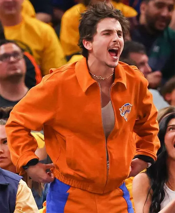 Timothée Chalamet Knicks Game Orange Jacket