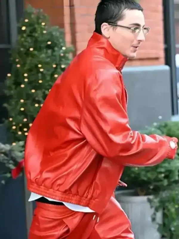 Timothee Chalamet Marty Supreme 2025 Premiere Red Leather Jacket