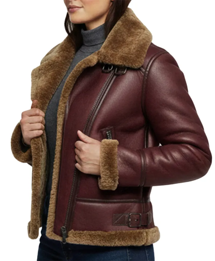 Womens Aviator Brown Shearling Leather Jacket For Sale