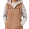 Womens Tan Shearling-Lined Hooded Vest
