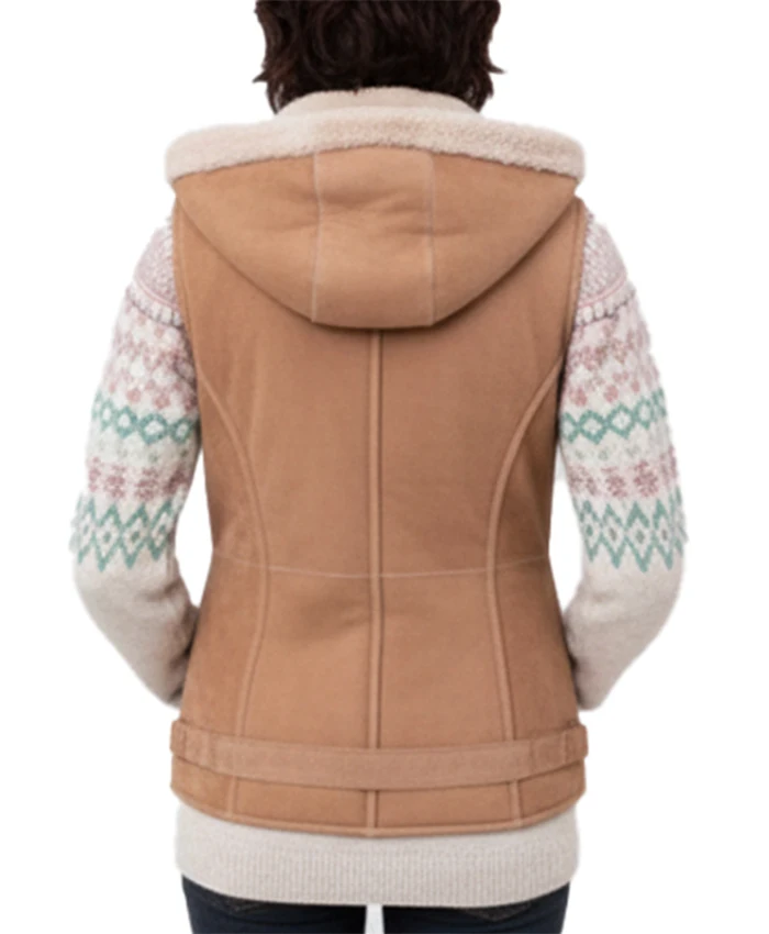 Womens Tan Shearling-Lined Hooded Vest For Sale