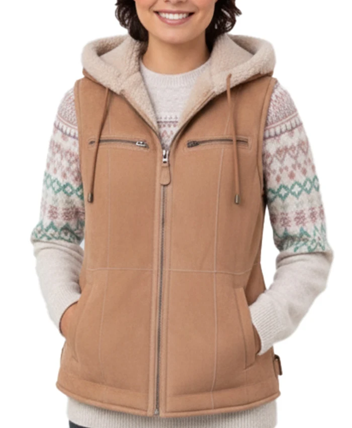 Womens Tan Shearling-Lined Hooded Vest