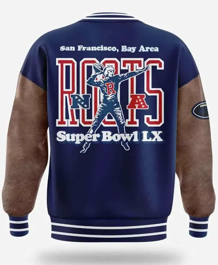 2026 Super Bowl LX San Fransisco Bay Area Roots Blue and Brown Varsity Jacket-buy now and get discount