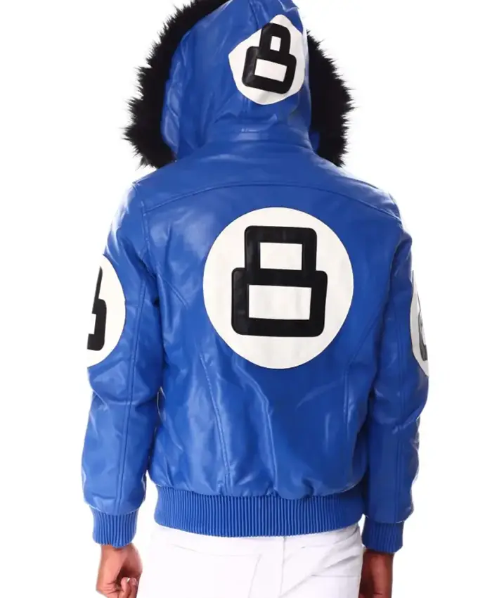 8 Ball Blue Hooded Leather Jacket Back