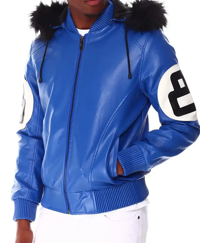 8 Ball Blue Hooded Leather Jacket For Sale