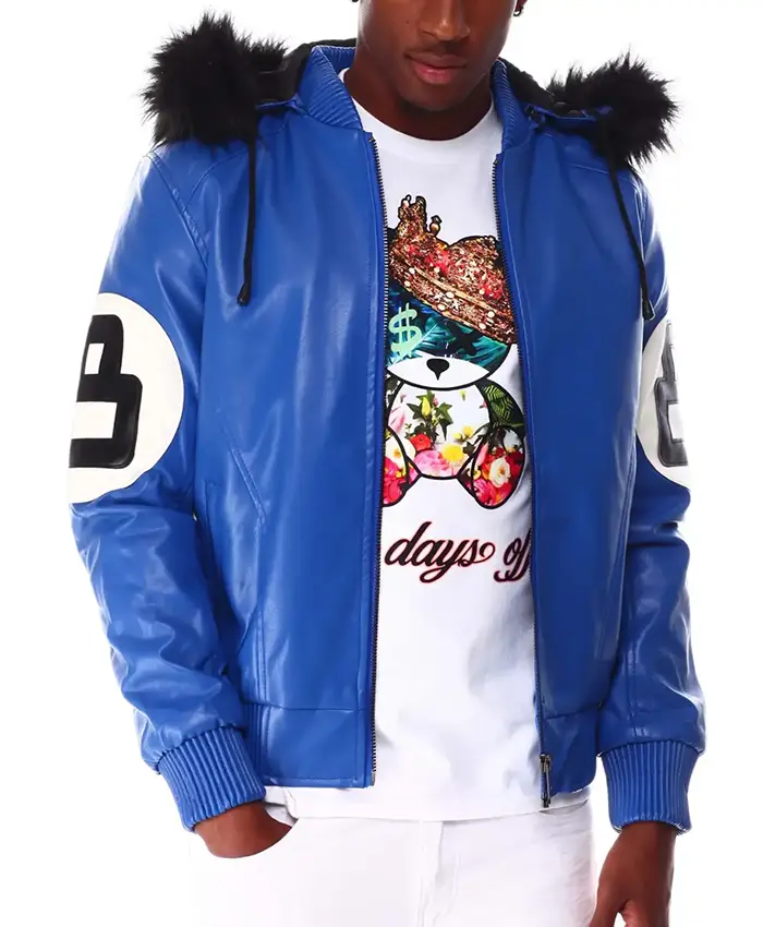 8 Ball Blue Hooded Leather Jacket