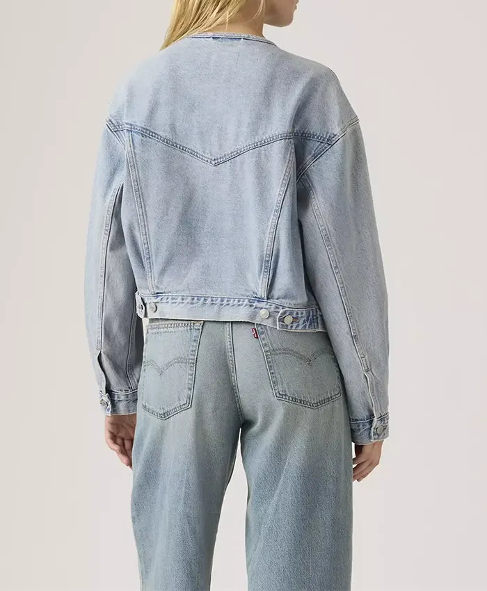90s Shrunken Collarless Denim Trucker Jacket For Sale