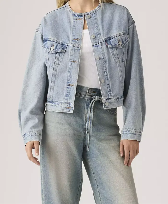 90s Shrunken Collarless Denim Trucker Jacket