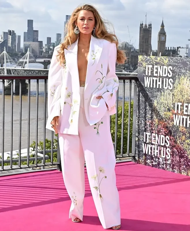 Blake Lively It Ends with Us Event Lily Bloom Oversized White Floral Embroidered Suit - Get now