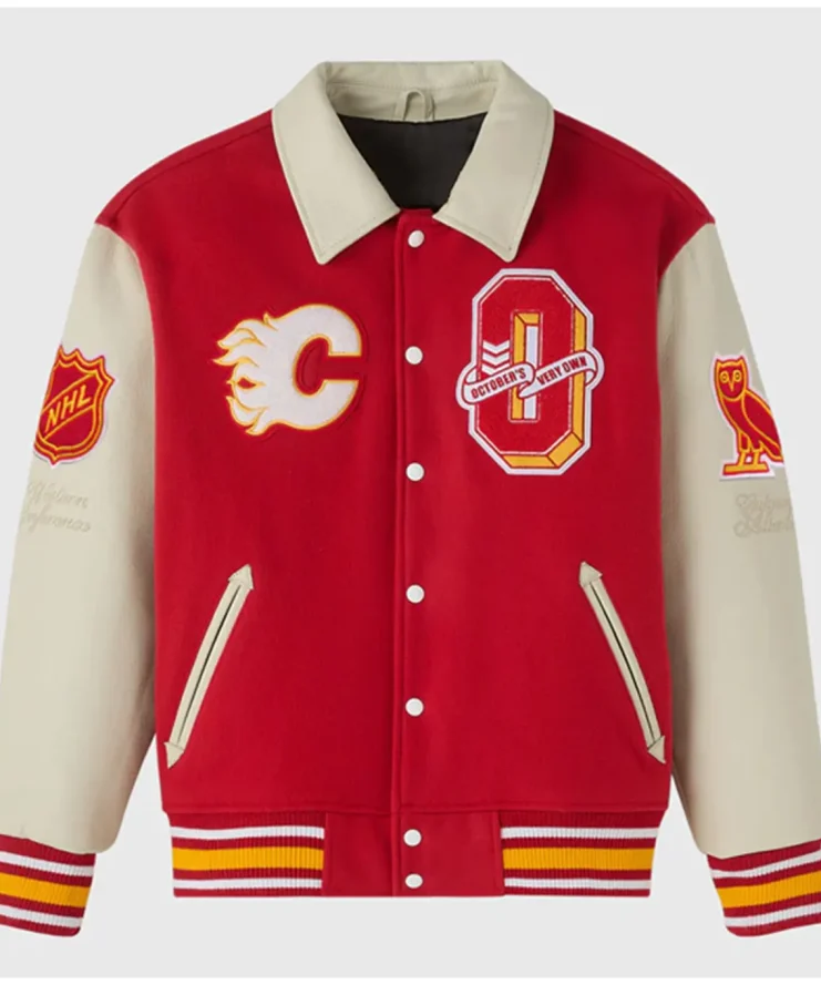 Calgary Flames Red and Beige Varsity Jacket