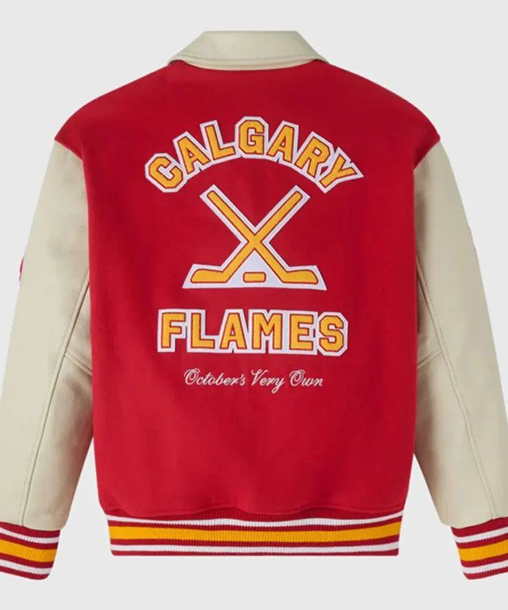 Calgary Flames Red and Beige Varsity Jacket For Sale