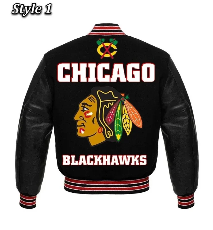 Chicago Blackhawks Black And White Varsity Jacket Back